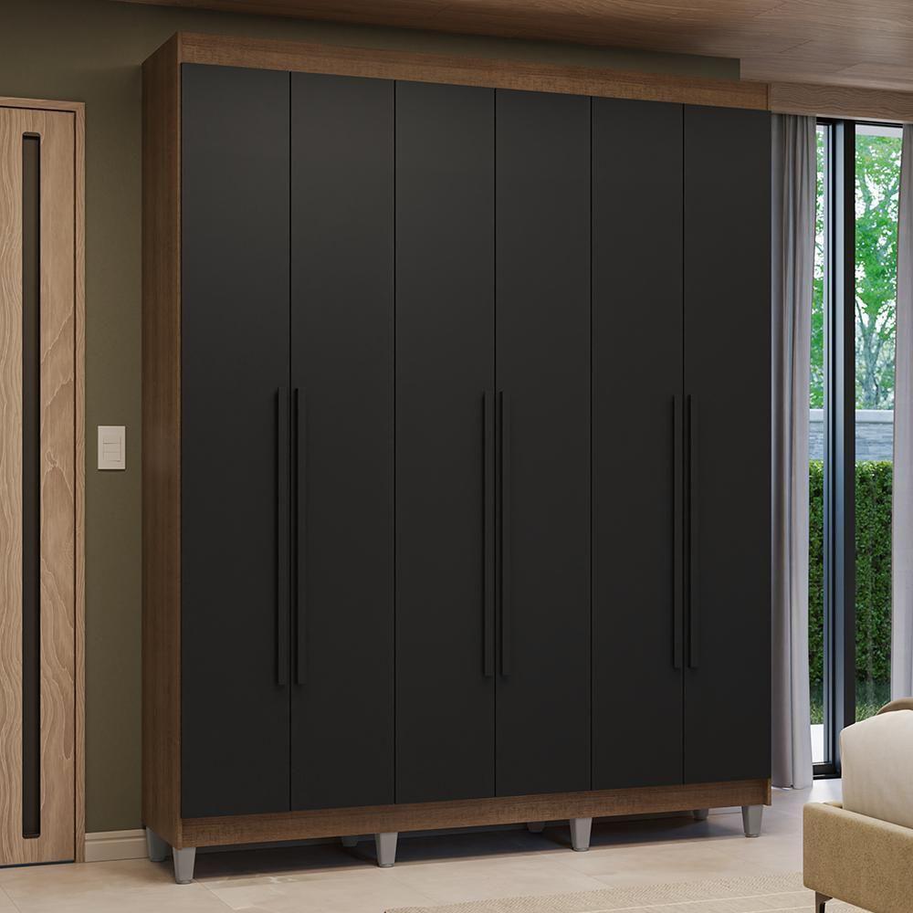 Guarda-roupa Casal Com Pés 6 Portas Batentes Rustic-preto-preto Venus Madesa - 1
