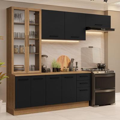 Cozinha Completa Agata 8 Portas 3 Gavetas MDF 270cm Preto Rustic com Tampo
