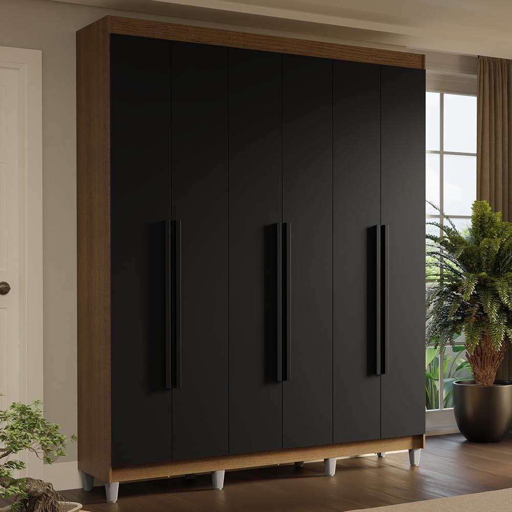Guarda-roupa Casal Com Pés 6 Portas Batentes Rustic-preto-preto Saturno Madesa - 1