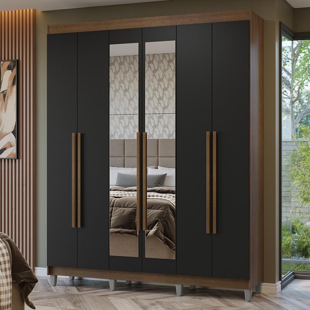 Guarda-roupa Casal Com Pés 6 Portas Batentes Com Espelho Rustic-preto-rustic Netuno Madesa - 1