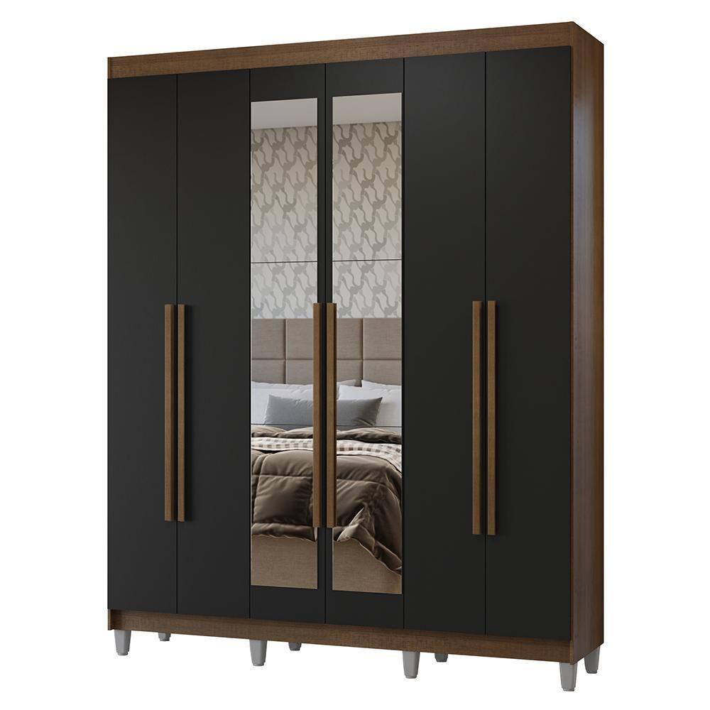 Guarda-roupa Casal Com Pés 6 Portas Batentes Com Espelho Rustic-preto-rustic Netuno Madesa - 2