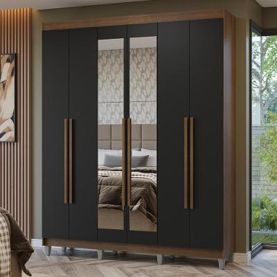 Guarda-roupa Casal Com Pés 6 Portas Batentes Com Espelho Rustic-preto-rustic Netuno Madesa