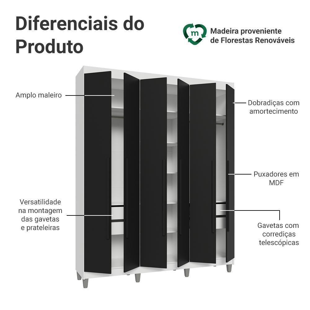 Guarda-roupa Casal Com Pés 6 Portas Batentes Branco-preto-preto Netuno Madesa - 4