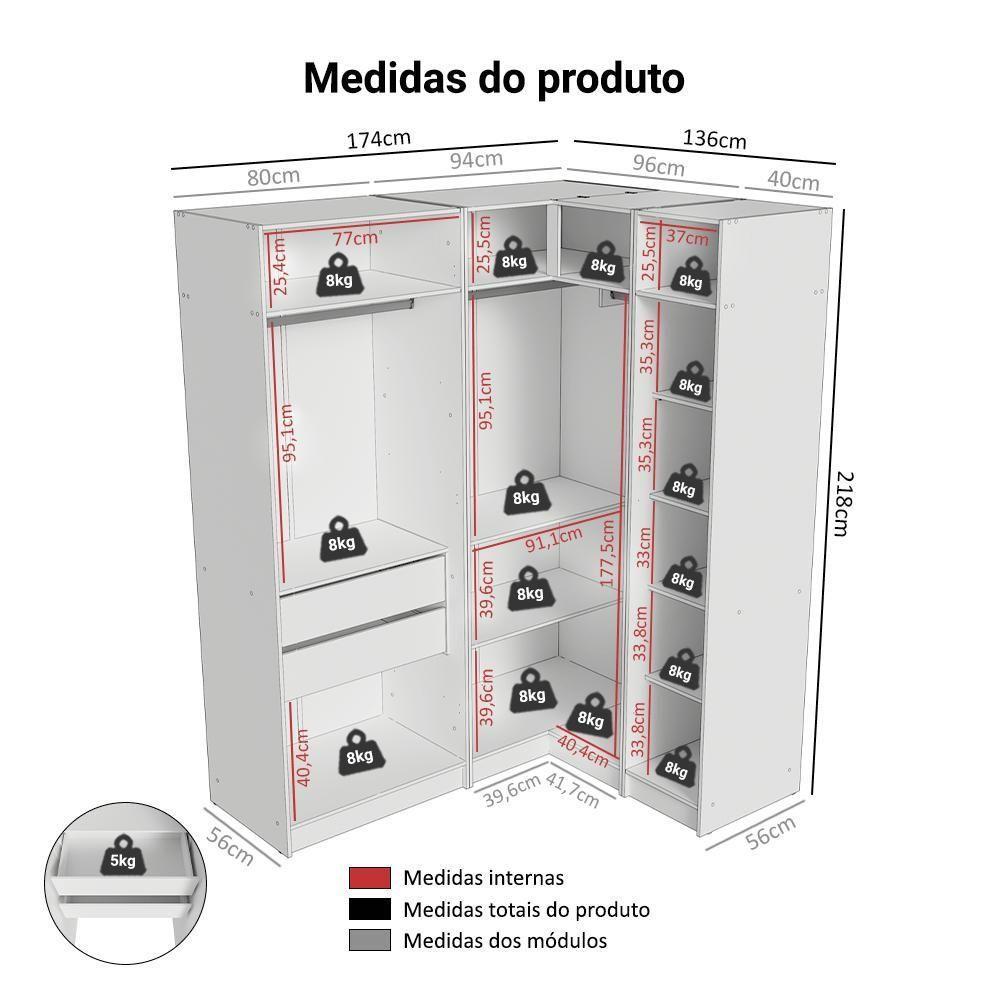Guarda-roupa Modulado De Canto 310 Cm 5 Portas 2 Gavetas Branco Neo Madesa 02 - 3