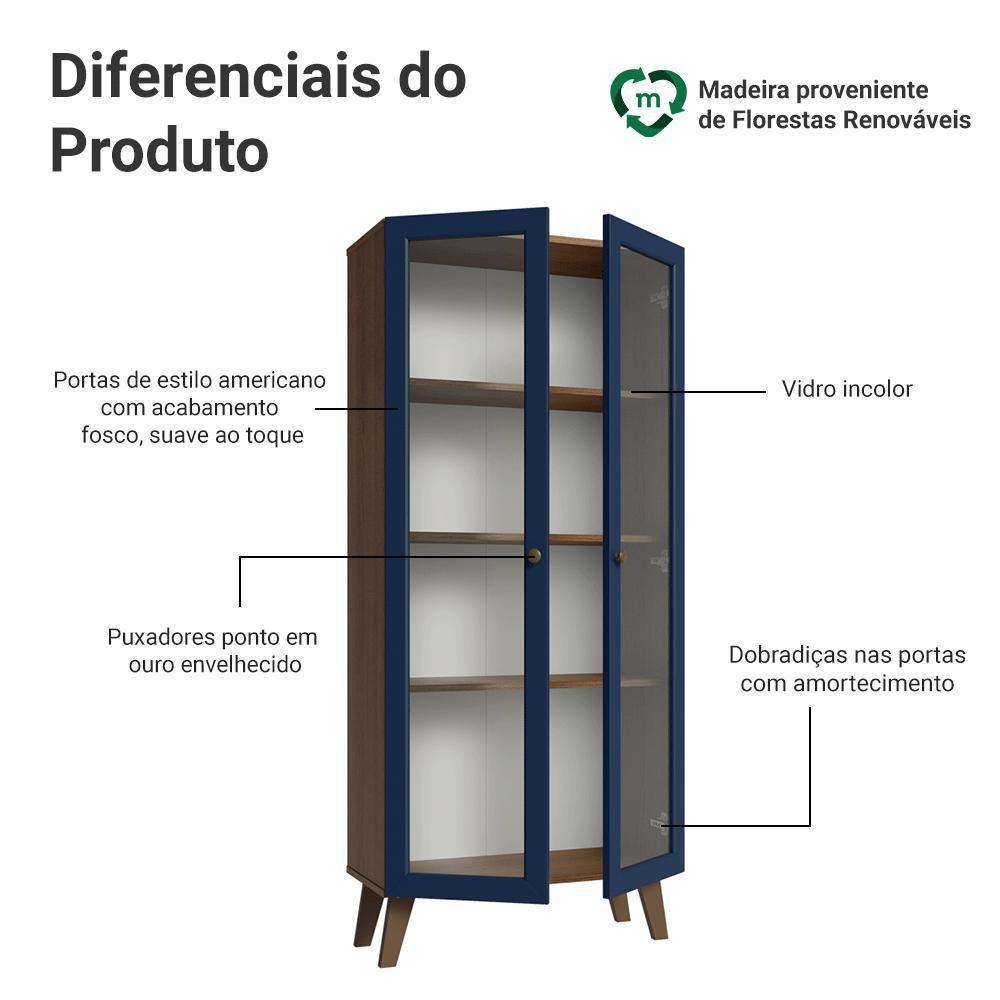 Cristaleira 70 Cm 2 Portas De Vidro Com Pés Trapézio Rustic-azul-rustic Vik Madesa - 4