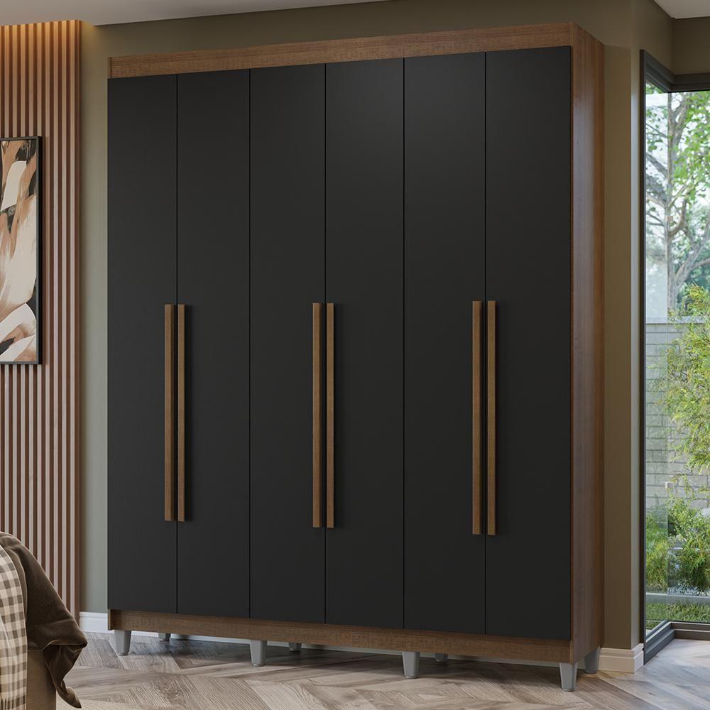 Guarda-roupa Casal Com Pés 6 Portas Batentes Rustic-preto-rustic Netuno Madesa - 1