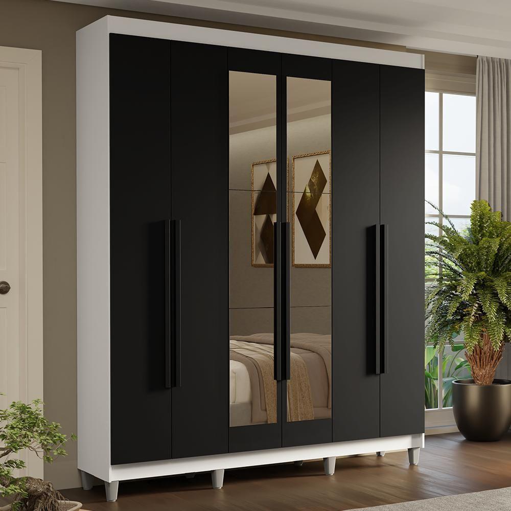 Guarda-roupa Casal Com Pés 6 Portas Batentes Com Espelho Branco-preto-preto Saturno Madesa - 1