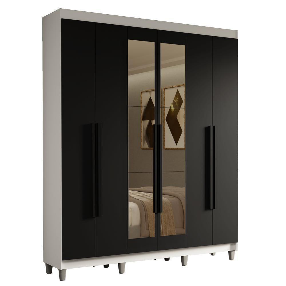 Guarda-roupa Casal Com Pés 6 Portas Batentes Com Espelho Branco-preto-preto Saturno Madesa - 2