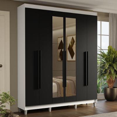 Guarda-roupa Casal Com Pés 6 Portas Batentes Com Espelho Branco-preto-preto Saturno Madesa