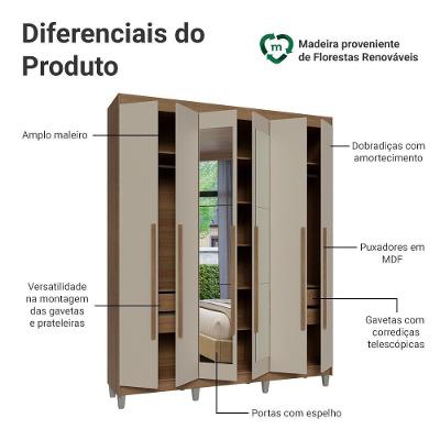 Guarda Roupa Casal Saturno 6 Portas Batentes com Espelho Rustic-crema-rustic