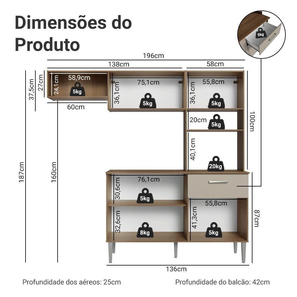 Armário De Cozinha Compacta 196cm Rustic-crema Aura Madesa - 3