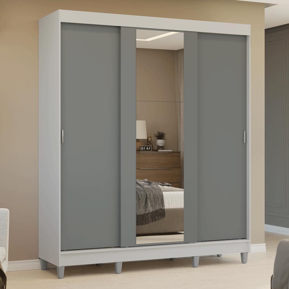 Guarda-roupa Casal Com Pés 3 Portas De Correr Com Espelho Branco/cinza Reno Madesa - 1