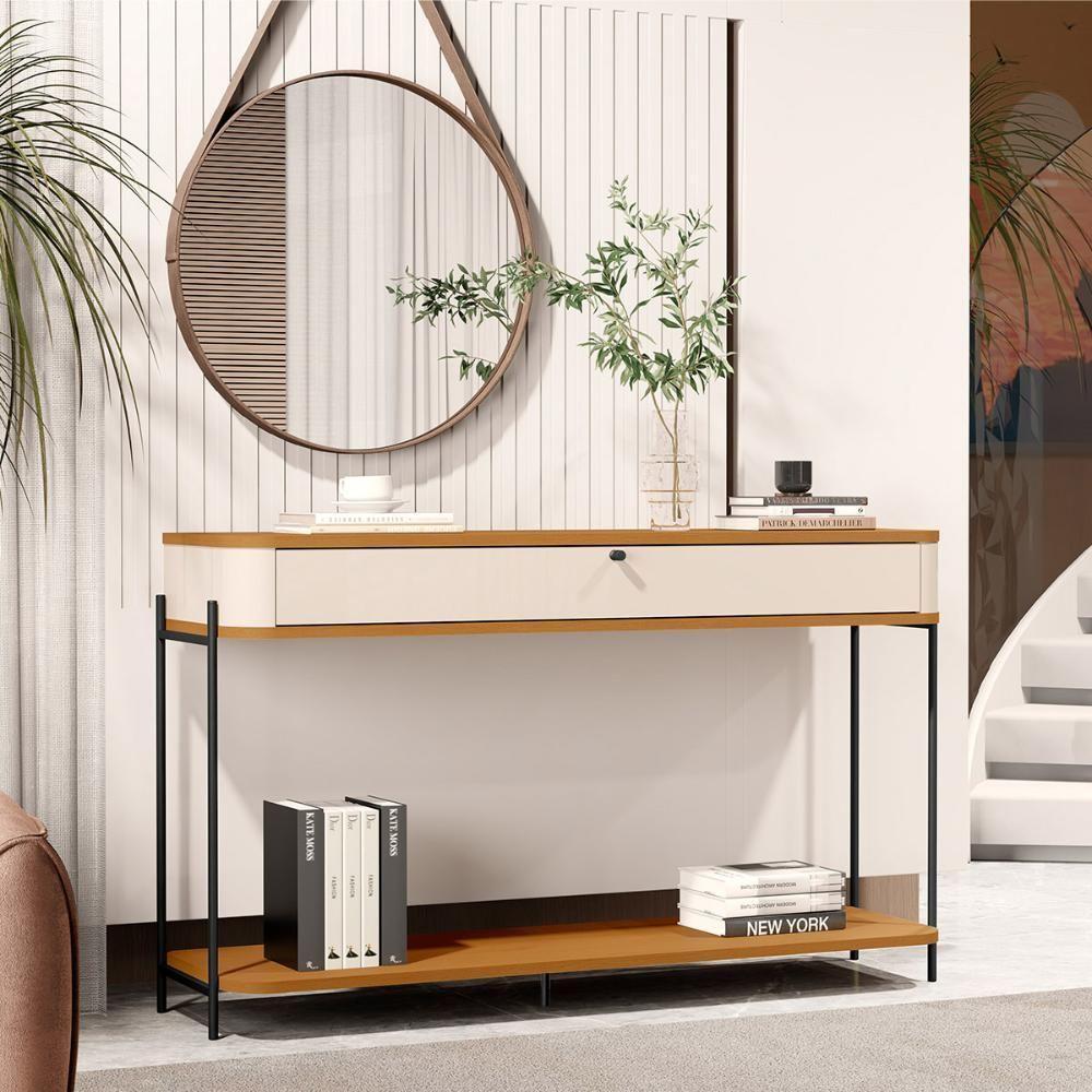 Aparador Buffet Sala Tucupí Com 1 Gaveta E Pés De Metal Off White Nature Preto - 2