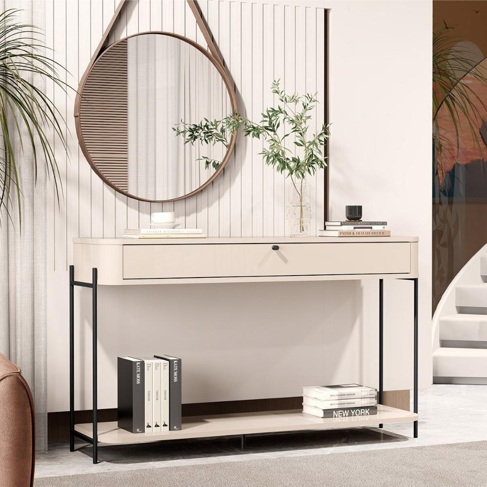 Aparador Buffet Sala Tucupí Com 1 Gaveta E Pés De Metal Off White Preto - 2