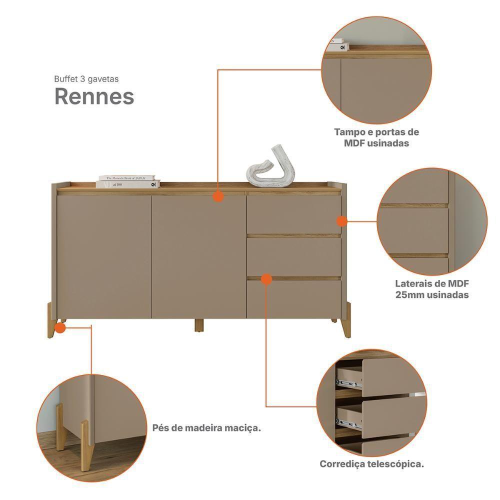Aparador Buffet Rennes 2 Portas 3 Gavetas Pés Madeira Maciça Hanover Fendi - 3