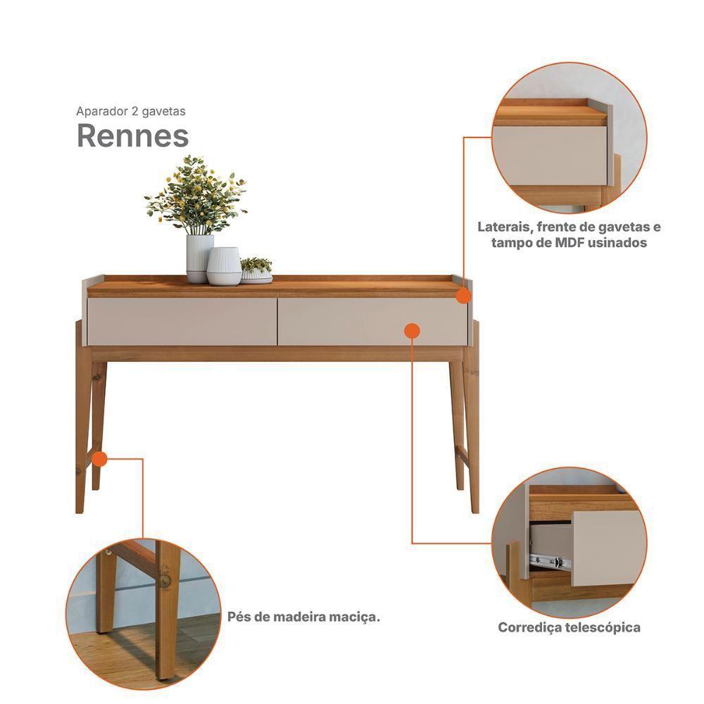 Aparador Buffet Rennes Com 2 Gavetas E Pés De Madeira Maciça Cedro Off White - 3