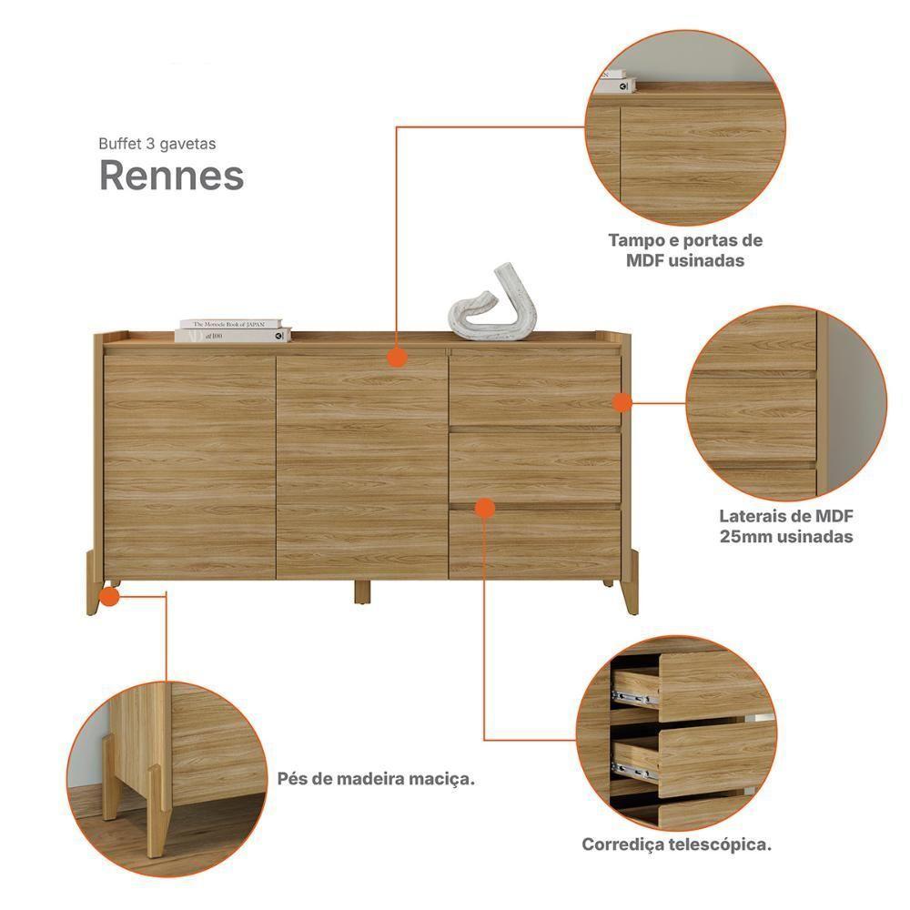 Aparador Buffet Rennes 2 Portas 3 Gavetas Pés Madeira Maciça Hanover - 3