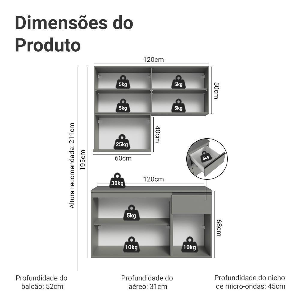 Armário De Cozinha Compacta 120 Cm Suspensa Cinza Nice Madesa 06 - 10