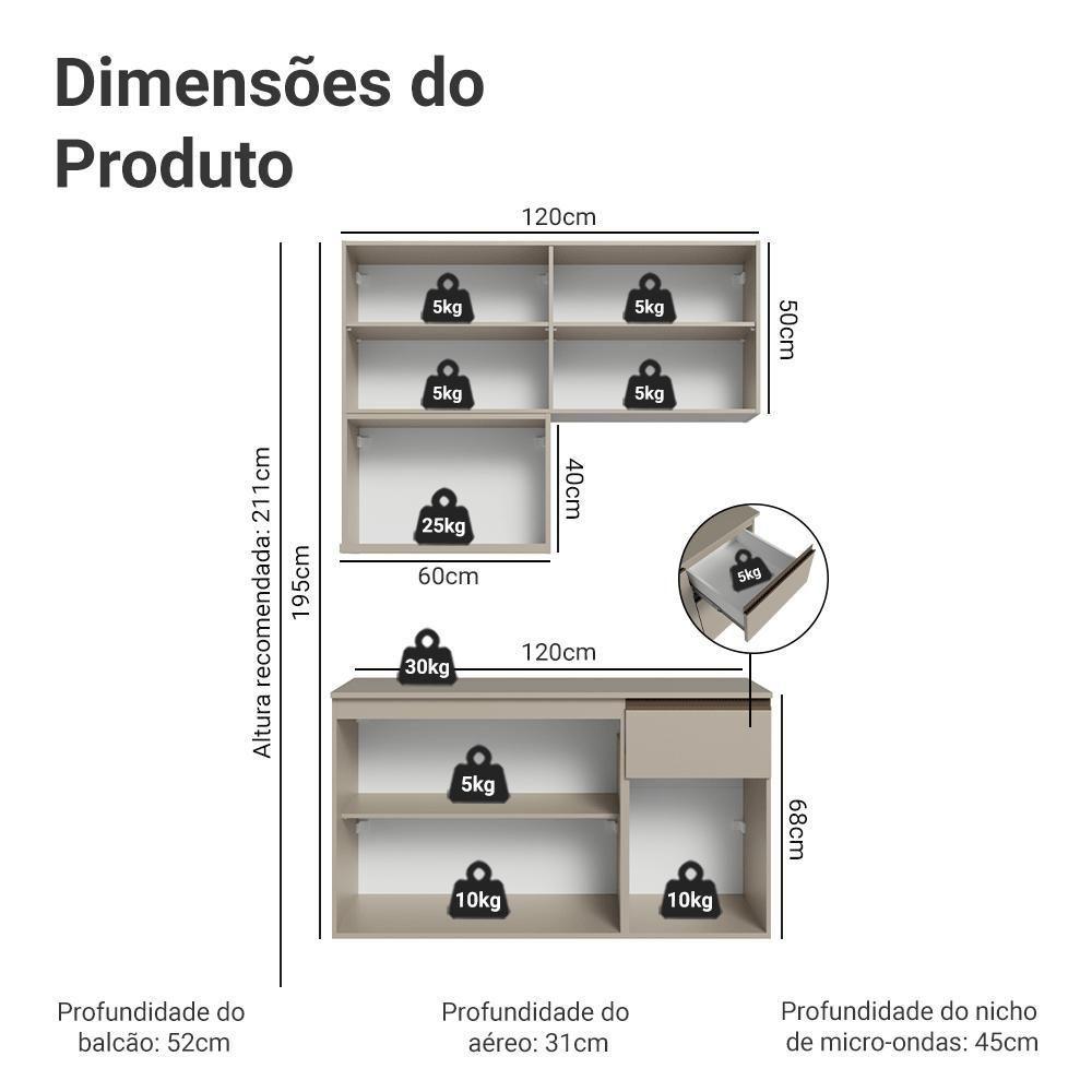 Armário De Cozinha Compacta 120 Cm Suspensa Crema Nice Madesa 06 - 3
