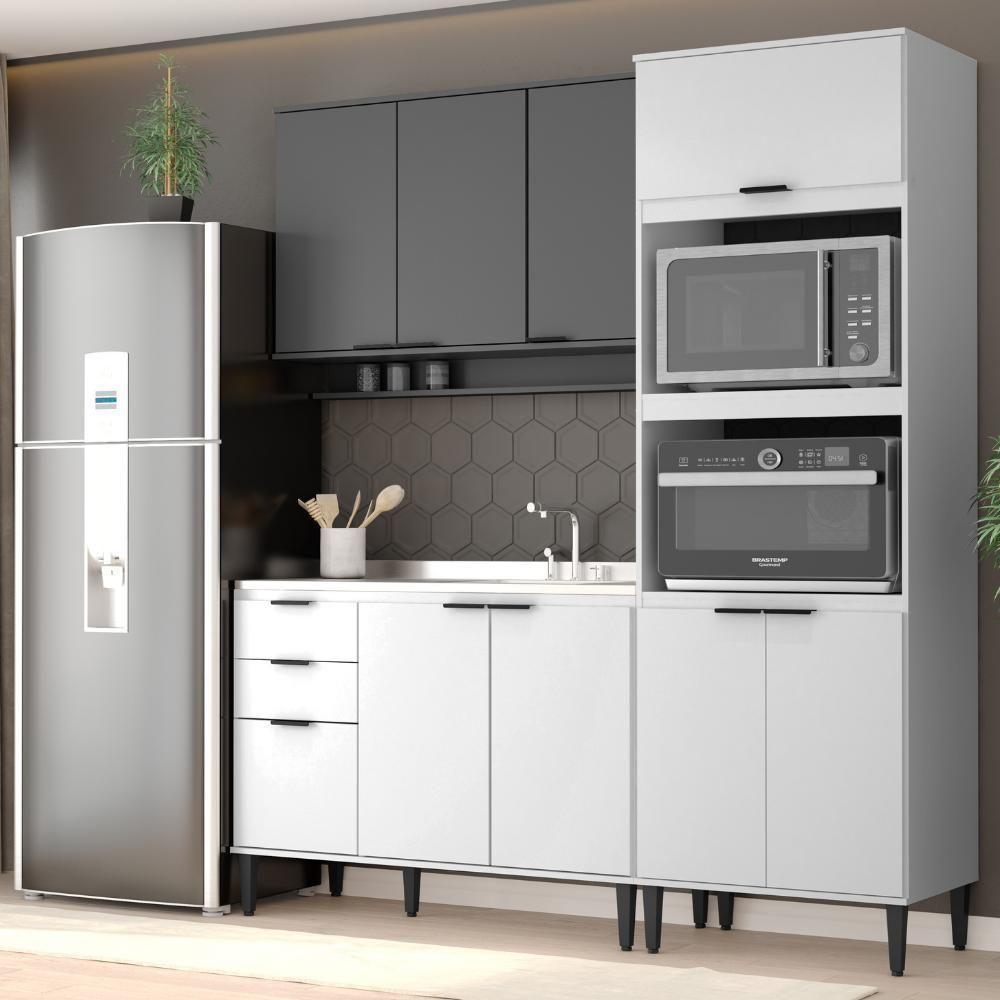 Armário De Cozinha Completa Miami Slim Carraro Branco Com Cinza Titânio - 1