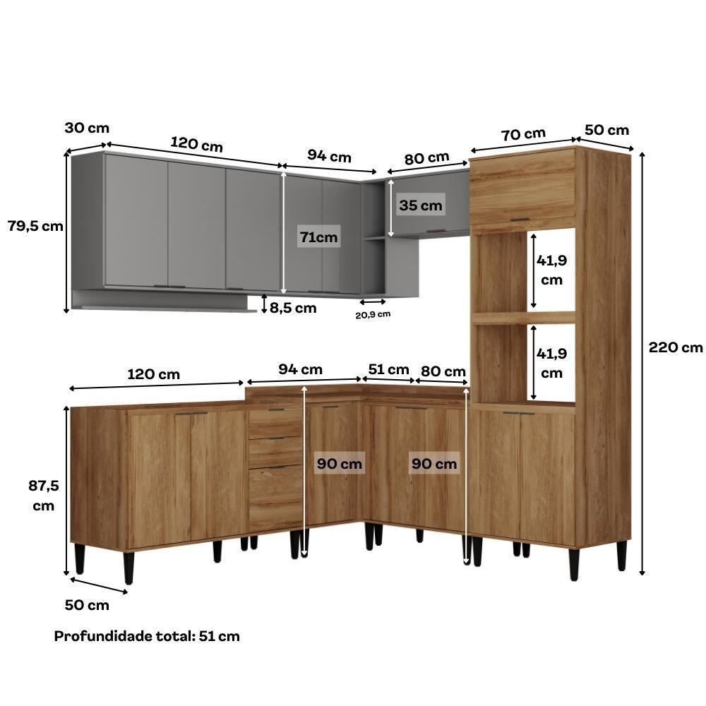 Armário De Cozinha Completa Miami Flow Carraro Freijó Com Cinza Titânio - 5