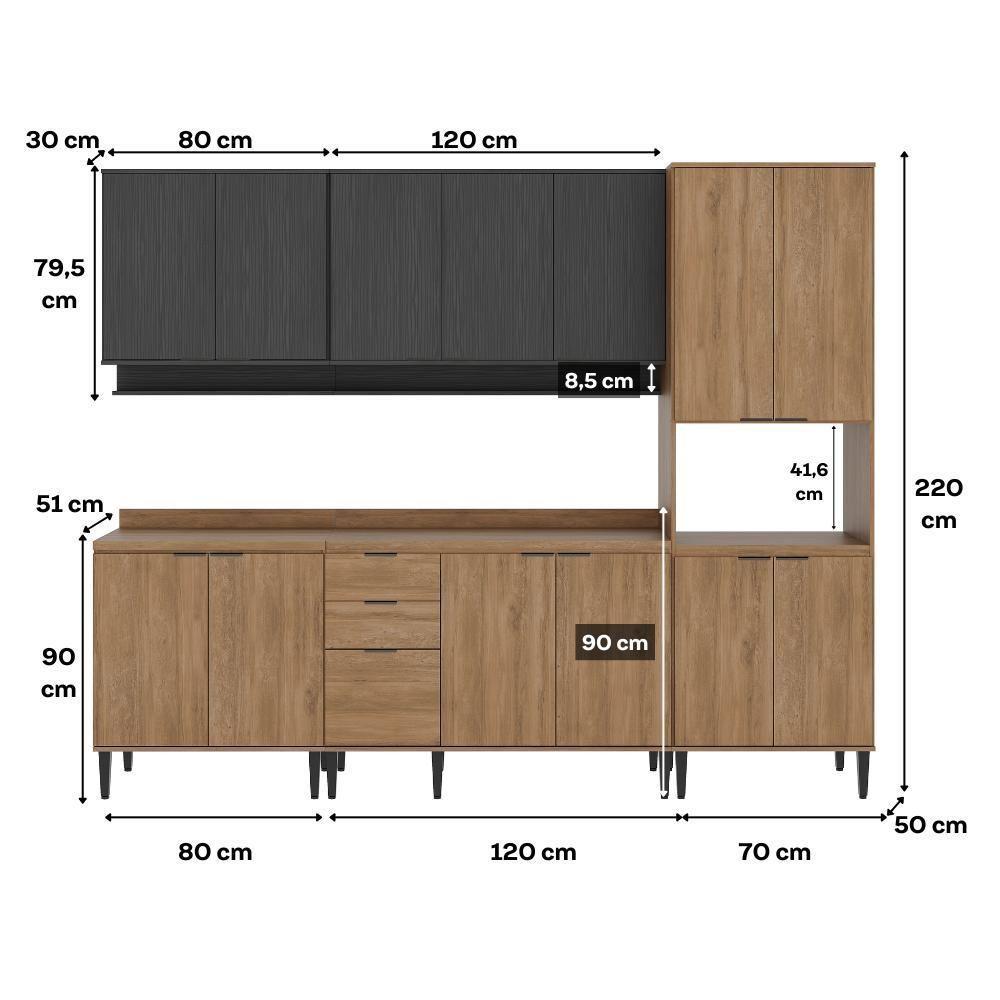 Armário De Cozinha Completa Miami Lift Carraro Preto Touch Com Freijó - 5
