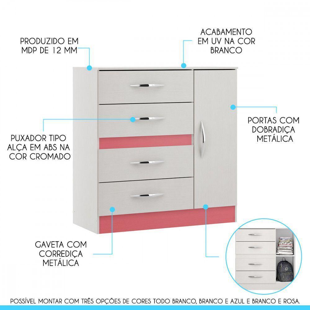 Cômoda Para Quarto Infantil 90x93cm Em Mdp 2009 Menu Móveis Branco E Rosa - 2
