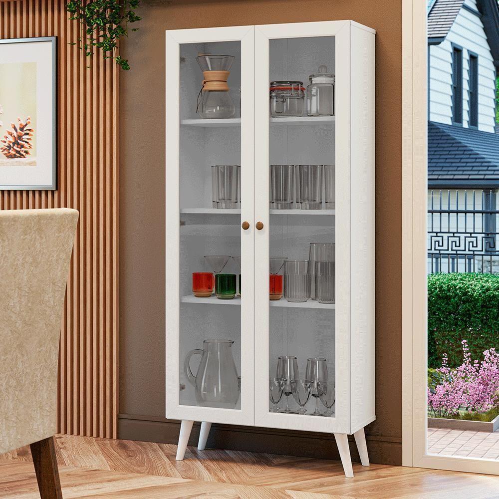 Cristaleira 70 Cm 2 Portas De Vidro Com Pés Cônicos Branco Vik Madesa - 1