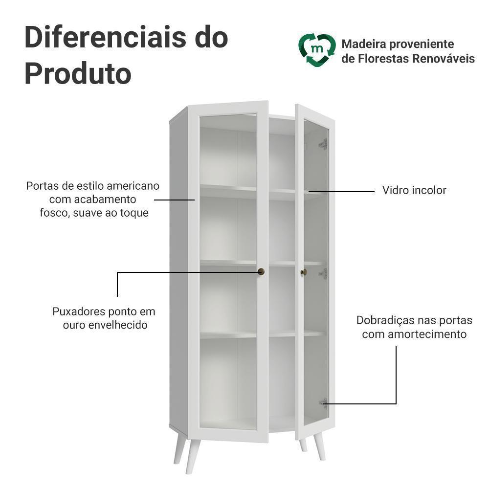 Cristaleira 70 Cm 2 Portas De Vidro Com Pés Cônicos Branco Vik Madesa - 4