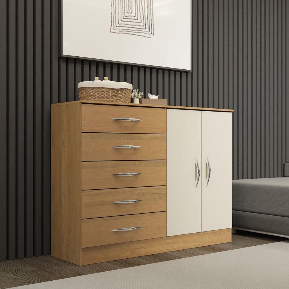 Cômoda 5 Gavetas 2 Ptas 93x119cm Sapateira Mdp Menu Móveis Carvalho - 1