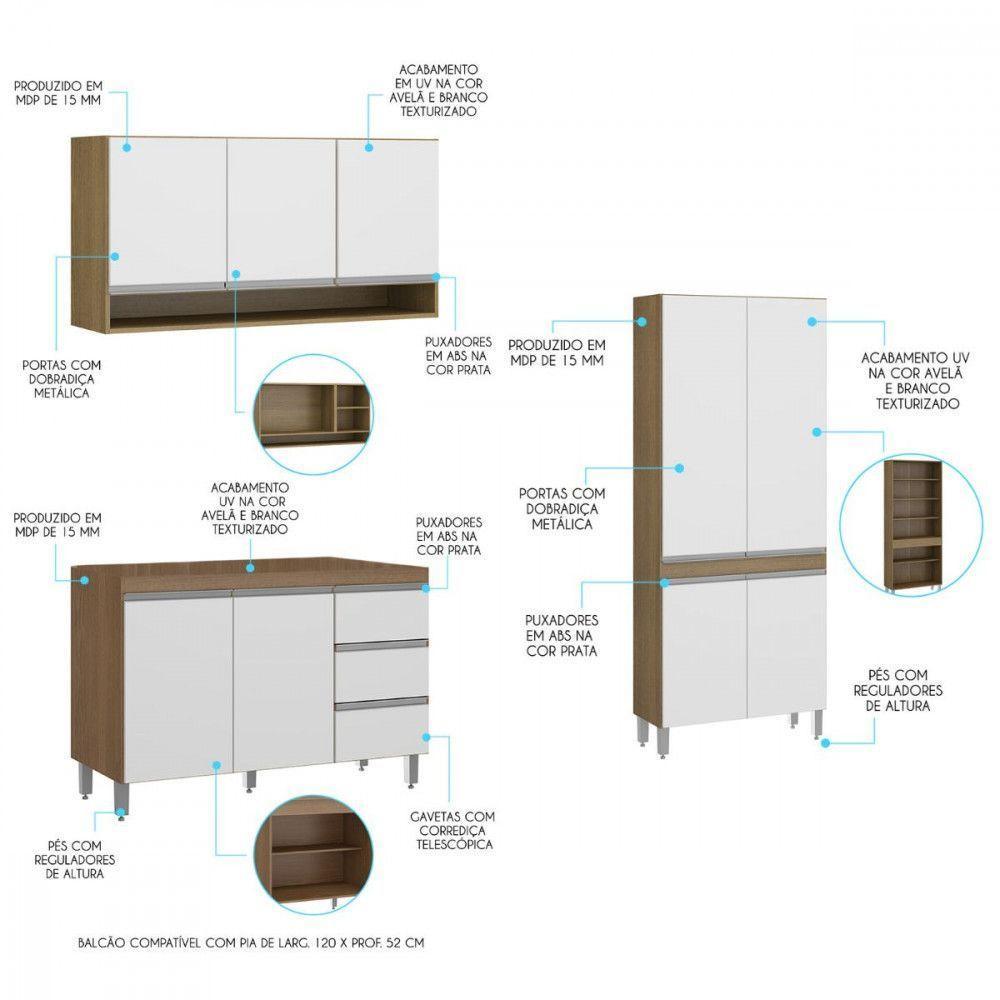 Cozinha 200cm Com Balcão Pia Paneleiro Sabrina Menu Móveis Branco - 4