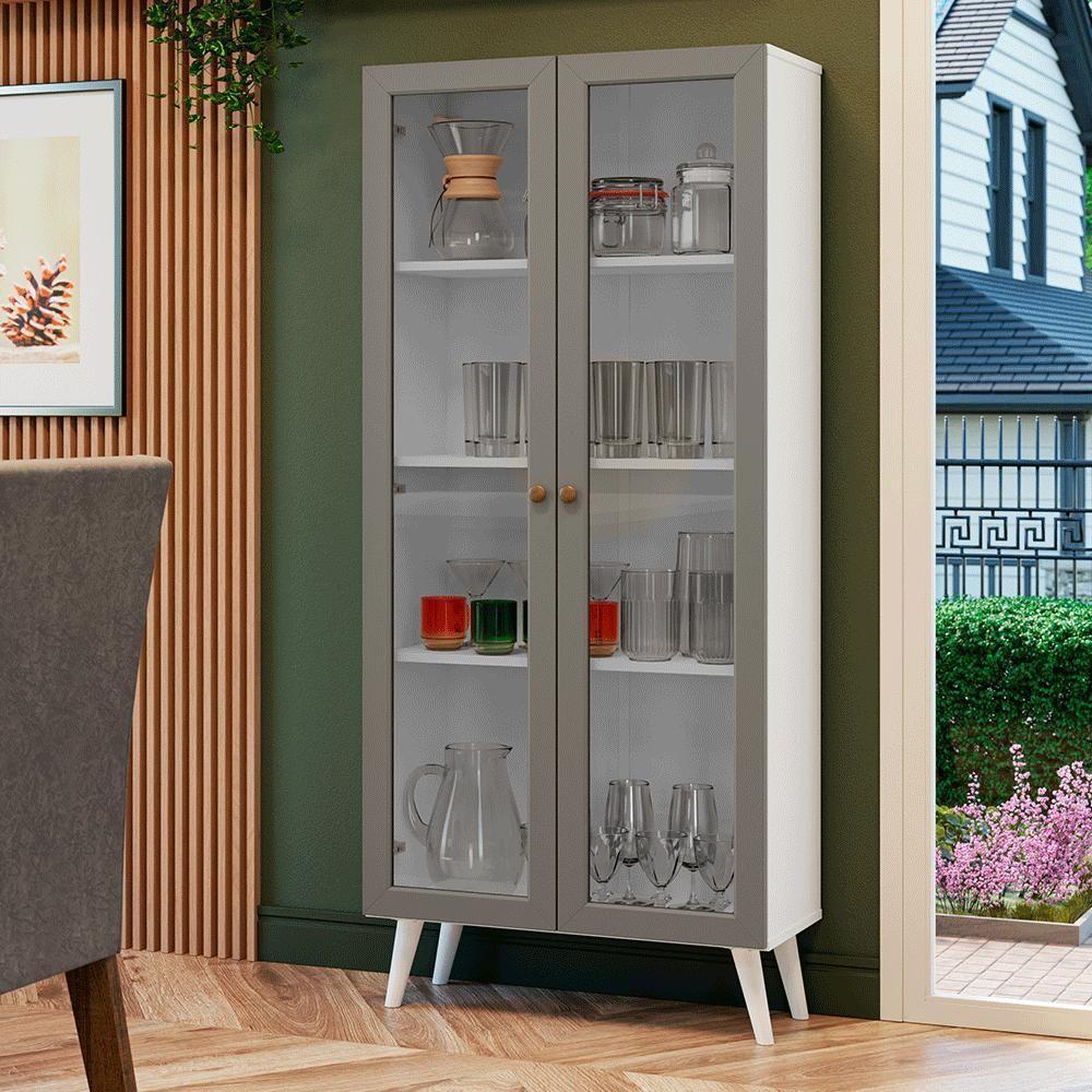 Cristaleira 70 Cm 2 Portas De Vidro Com Pés Cônicos Branco-cinza-branco Vik Madesa - 1