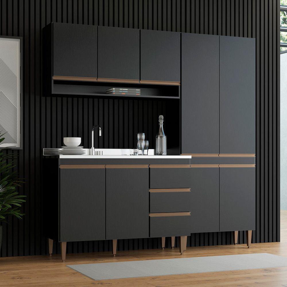 Cozinha Compacta Balcão Pia Sabrina 200x202cm Menu Móveis Preto - 1