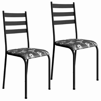 Kit 2 Cadeiras 541 Sala Jantar Cozinha Pés Aço Tubular Floral Preto