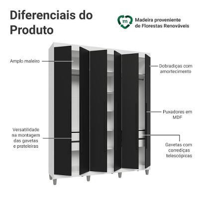 Guarda Roupa Casal Venus 6 Portas Batentes 4 Gavetas Branco-Preto-Preto Madesa