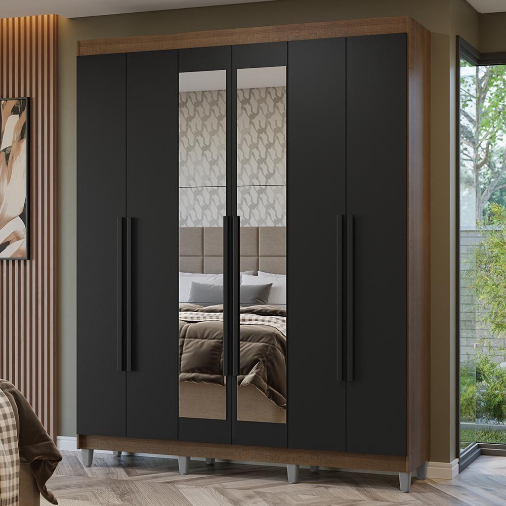 Guarda-roupa Casal Com Pés 6 Portas Batentes Com Espelho Rustic-preto-preto Netuno Madesa - 1