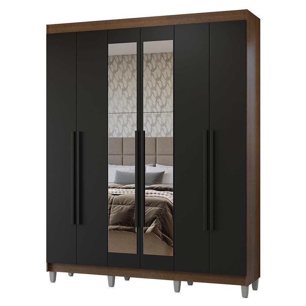 Guarda-roupa Casal Com Pés 6 Portas Batentes Com Espelho Rustic-preto-preto Netuno Madesa - 2