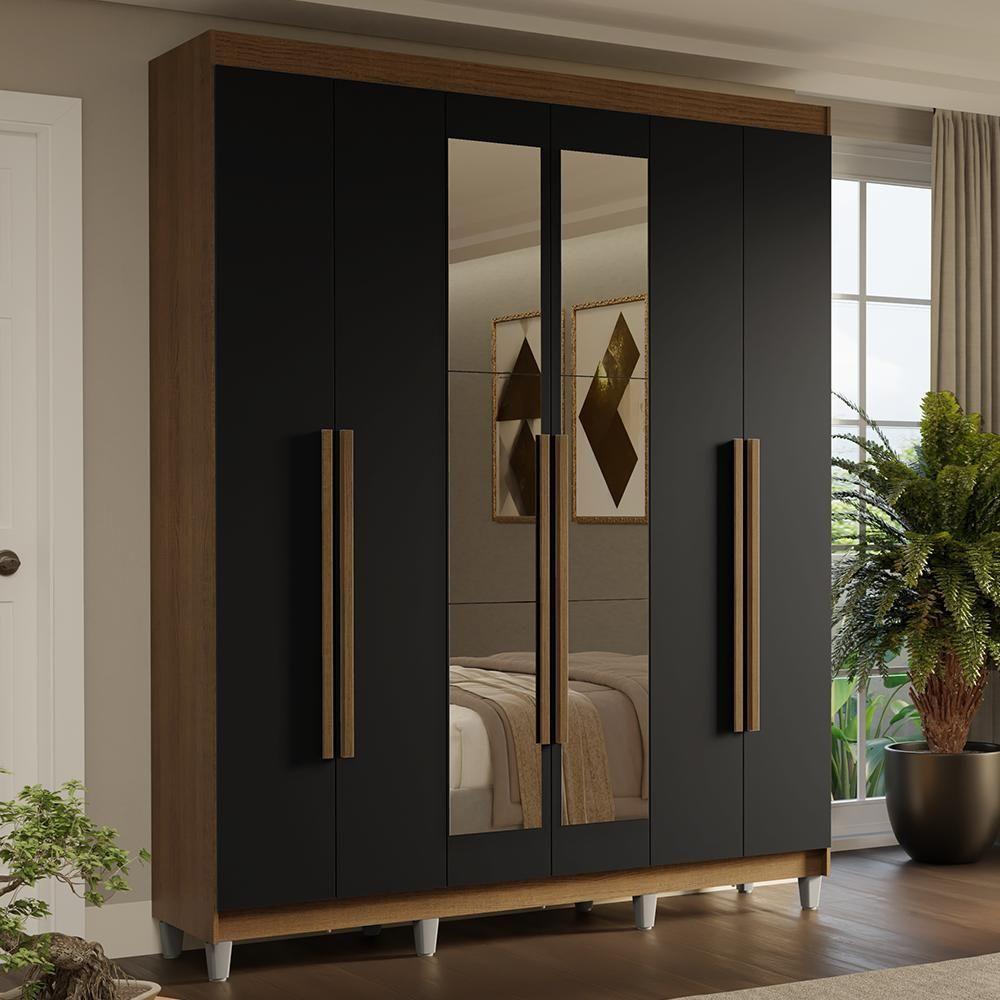 Guarda-roupa Casal Com Pés 6 Portas Batentes Com Espelho Rustic-preto-rustic Saturno Madesa - 1
