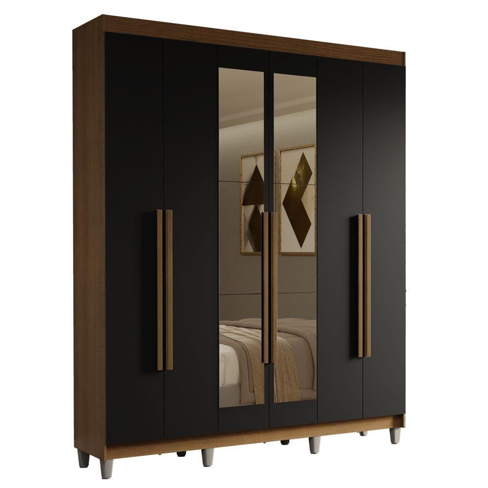 Guarda-roupa Casal Com Pés 6 Portas Batentes Com Espelho Rustic-preto-rustic Saturno Madesa - 2