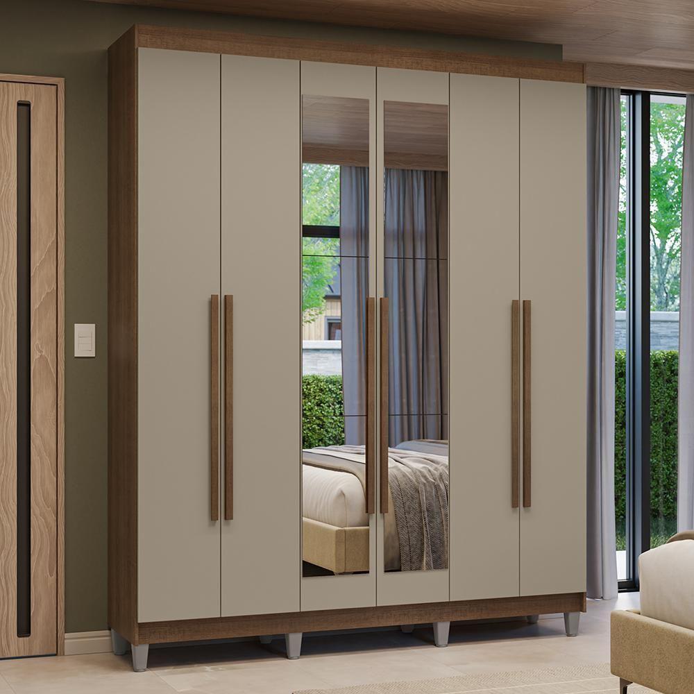 Guarda-roupa Casal Com Pés 6 Portas Batentes Com Espelho Rustic-crema-rustic Venus Madesa - 1