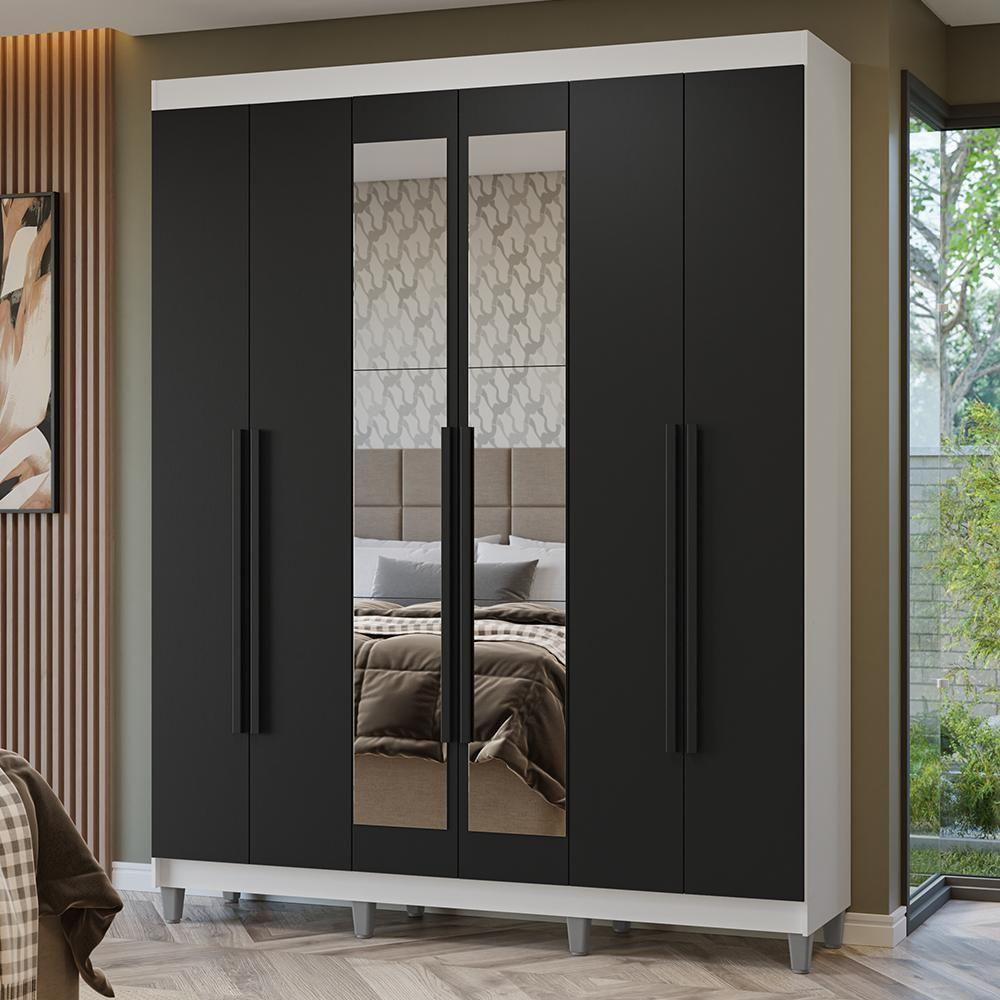 Guarda-roupa Casal Com Pés 6 Portas Batentes Com Espelho Branco-preto-preto Netuno Madesa - 1