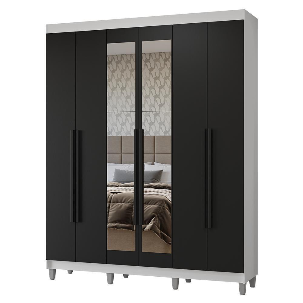 Guarda-roupa Casal Com Pés 6 Portas Batentes Com Espelho Branco-preto-preto Netuno Madesa - 2