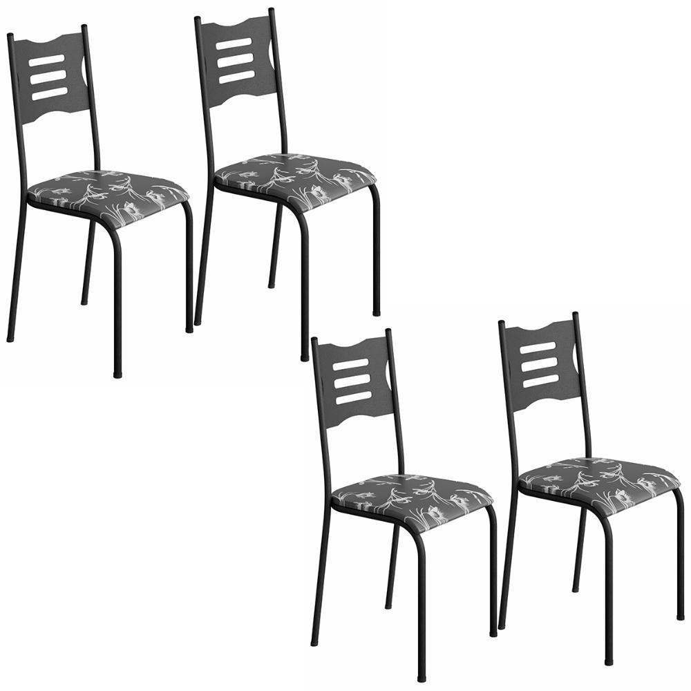 Kit 4 Cadeiras 542 Sala Jantar Cozinha Pés Aço Tubular Floral Preto - 1