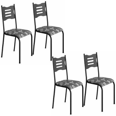 Kit 4 Cadeiras 542 Sala Jantar Cozinha Pés Aço Tubular Floral Preto