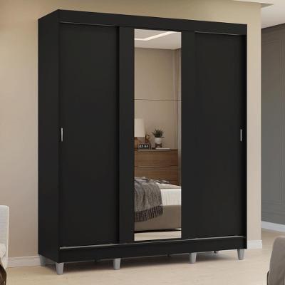 Guarda Roupa Casal Reno 3 Portas de Correr 4 Gavetas Preto MDP com Espelho Madesa