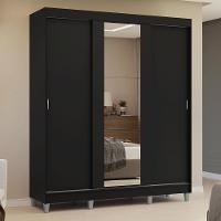 Guarda-roupa Casal Com Pés 3 Portas De Correr Com Espelho Preto Reno Madesa - 1