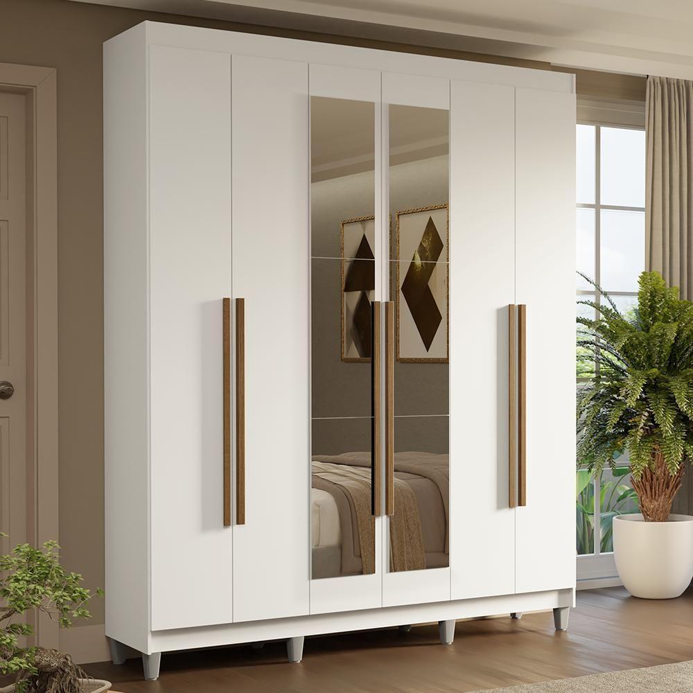 Guarda-roupa Casal Com Pés 6 Portas Batentes Com Espelho Branco-branco-rustic Saturno Madesa - 1