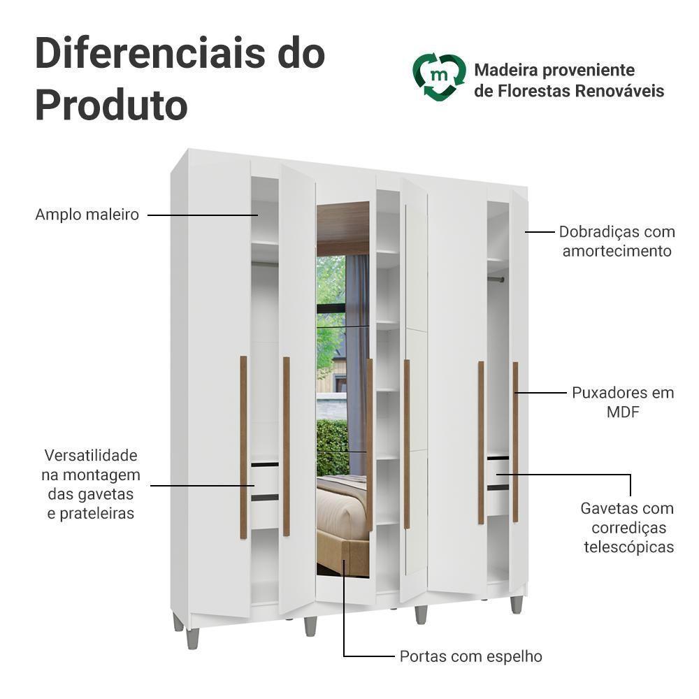 Guarda-roupa Casal Com Pés 6 Portas Batentes Com Espelho Branco-branco-rustic Saturno Madesa - 7