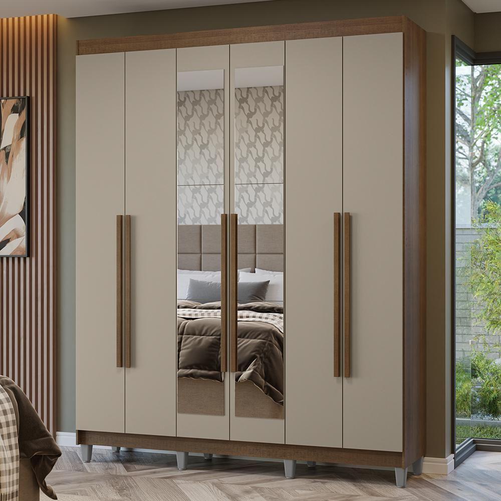 Guarda-roupa Casal Com Pés 6 Portas Batentes Com Espelho Rustic-crema-rustic Netuno Madesa - 1