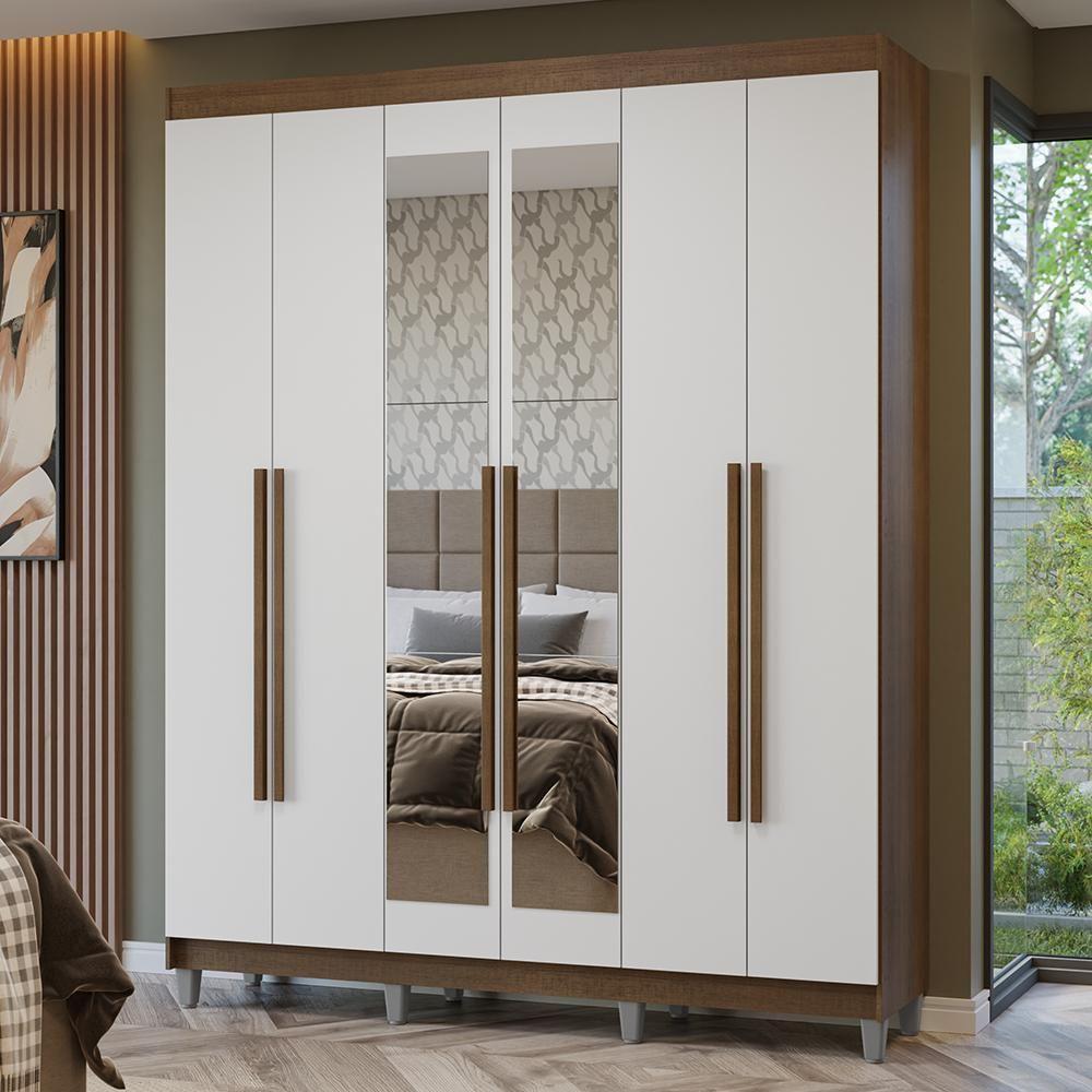 Guarda-roupa Casal Com Pés 6 Portas Batentes Com Espelho Rustic-branco-rustic Netuno Madesa - 1